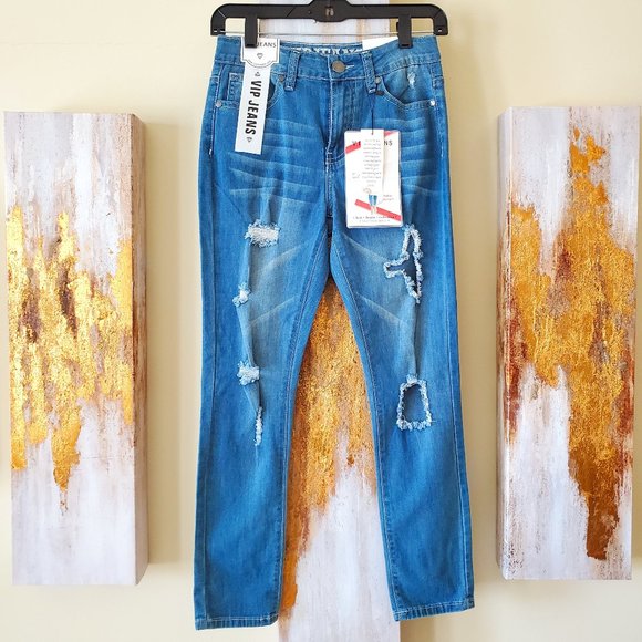 VIP Women's Light Blue Distressed Ankle Length Hi Rise Denim Jean SZ 1/25 - Picture 1 of 8